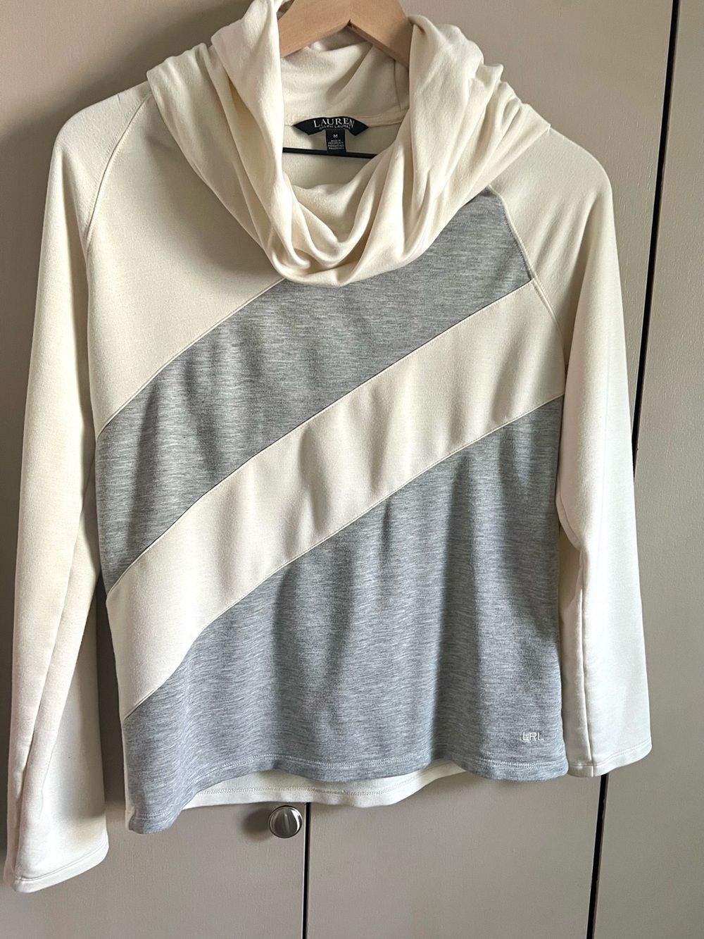 Lauren Ralph Lauren Cream and Gray Diagonal Colorblock Cowl Pullover